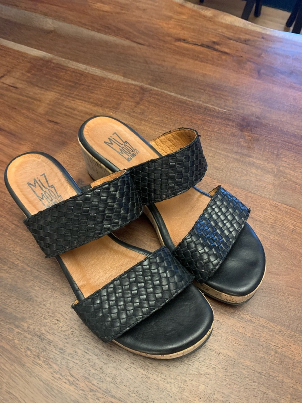 Miz Mooz Black Woven Leather Double-Strap Slide Mules, EU 40